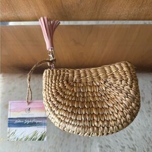 NWT Small Natural Woven Clutch with Pink Tassel